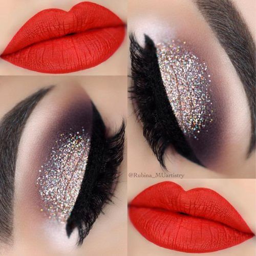 Glitter Smokey With Red Lipstick Makeup #redlipstick